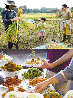上:子供たちは普段できない体験の連続に目を輝かせていた/下:昼食会に提供された、大豆と野菜が中心の素朴な料理