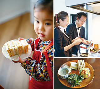 右上:夫の秀樹さんが優しくコーヒーを淹れる。有機栽培のコーヒー豆を使う/右下:この日完成したワンプレートランチ。野菜のポタージュは香りが良くてやさしい味/左上:配膳のお手伝いもお手のもの