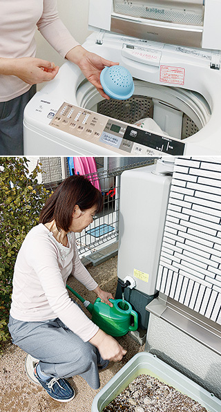 上:汚れが少ないものの洗濯には、洗剤いらずの洗濯ボールを使用/下:大型の雨水タンクが設置されている。「グリーンカーテンの水やりに重宝しています」