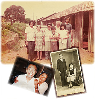 上/1970年代初めに撮った家族写真。中央が美佐代さん。前列にはケイコさんの父親のカツオさんも写っている 右下/三夫さんとの結婚写真。二人とも初々しい 左下/在りし日の三夫さんと美佐代さん