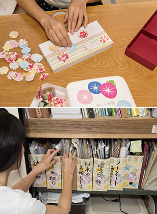 上:取っておいた空き箱に、包装紙を切って作った花びらを両面テープで貼って飾りつけ、プレゼント用の箱として再利用する/下:知識を深めるために、ノーミートや環境問題などのテーマごとに、新聞などの記事を保存している