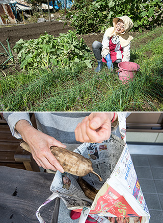 上:家庭菜園は150坪ほどあり、ここで採れる野菜が、川尻家の食をまかなっている/下:新聞紙で作るエコバッグ。家で採れた野菜などをプレゼントするのに便利だ