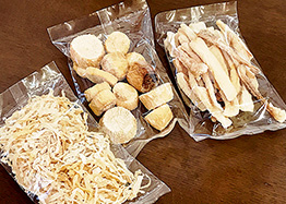 地元の農家から届いた切り干し大根のサンプル。輪切りや拍子切りのものもある