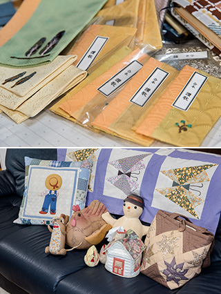 上:『合本 讃歌』のカバーなど。一つひとつに刺繍が施されていて、丁寧な仕事ぶりに目を見張る/下:福島さんの母親が作ったパッチワーク作品の数々。クッションカバーやバッグ、家の形をしたティッシュペーパー入れ、ニワトリ、ネズミなど、今となっては母親を偲ぶ思い出の作品となった