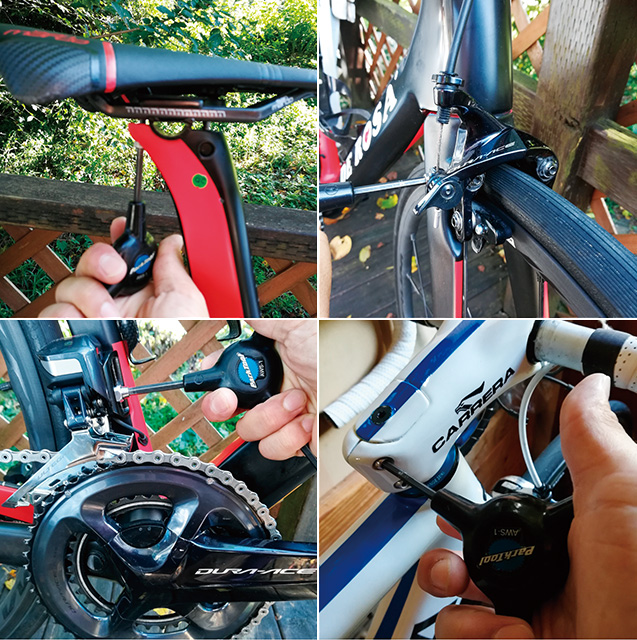 大切な自転車のケア。左上=サドルレールの調整 右上=ブレーキワイヤーボルトの増し締め 左下=フロントディレイラーボルトの増し締め 右下=ステムボルトの増し締め
