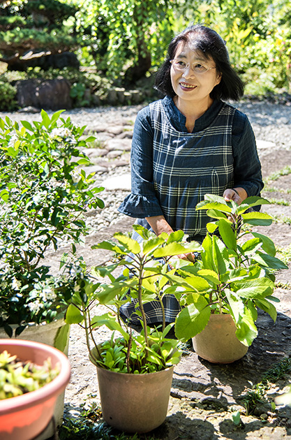 安田富美子さん 64歳・宮崎県門川町 緑あふれる自宅の庭で。手前の鉢ではマザーリーフが元気に葉や茎を伸ばしている 取材/南野ゆうり 撮影/野澤 廣