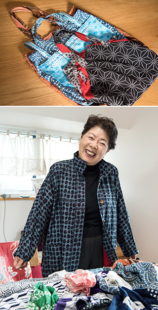 上:使わなくなった風呂敷や傘の生地を使って作った買い物用のマイバッグ/下:60年前、就職先の卸問屋の初売りで着たかすりの着物からスプリングコートができた。「思い出の一品だけに、思い入れもひとしおです」