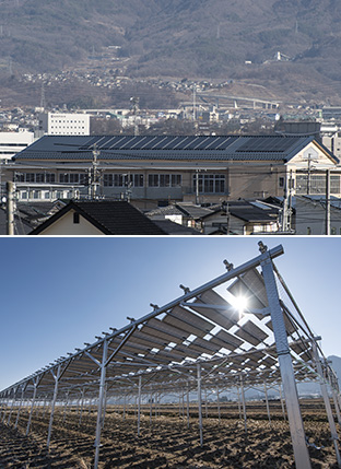 上:中学校の屋上に設置された相乗りくん発電所/下:水田の上に太陽光パネルを設置した「相乗りくん とっこSUN発電所」