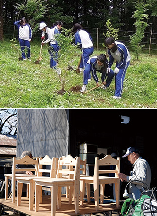 左:土に還る木 森づくりの会が管理する「再生の森」で、植樹活動に励む高校生たち(写真は、土に還る木 森づくりの会提供)/右:組み立てたイスに、丁寧にヤスリを掛けていく