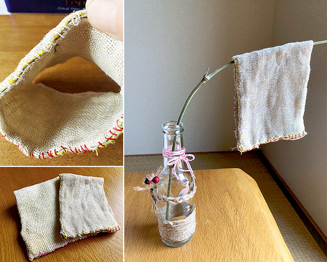 左上:筒状に縫われている/左下:手作りの食器洗いクロス。右が麻素材、左は綿素材/右:空き瓶に挿した竹に、食器洗いクロスを干す