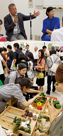今年(2019)8月2~3日、新宿NSビルで開かれた「第4回オーガニックライフスタイルEXPO」上/EXPOでの徳江さん 下/有機農業の生産者による農産物の出展のほか、オーガニックライフスタイルのイベントが行われた(写真提供:徳江倫明さん)
