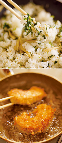 上:大根の葉とマイタケと白ゴマの混ぜごはん/下:こんがり揚がる高野豆腐と車麩のカツ