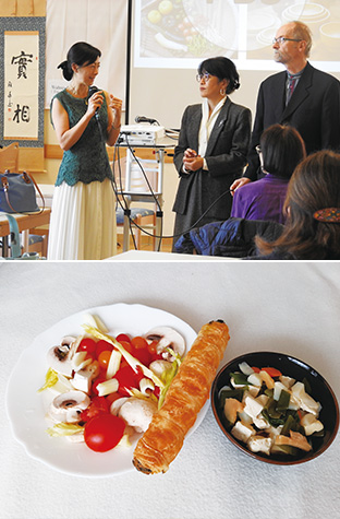 上:生長の家の集まりに参加したときの尾崎さん(中央)/下:尾崎さんがよく食べるというサラダと野菜炒めを挟んだパン