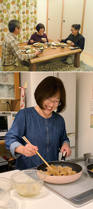 上:ノーミート料理に舌鼓を打つ山中さん一家/下:ソイミートを使って調理する山中さん