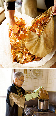 上:玉ねぎの皮は捨てずに草木染め用にとっておく。「八百屋さんも、とっておいて下さるんですよ」/下:台所で鍋を使って草木染めをする